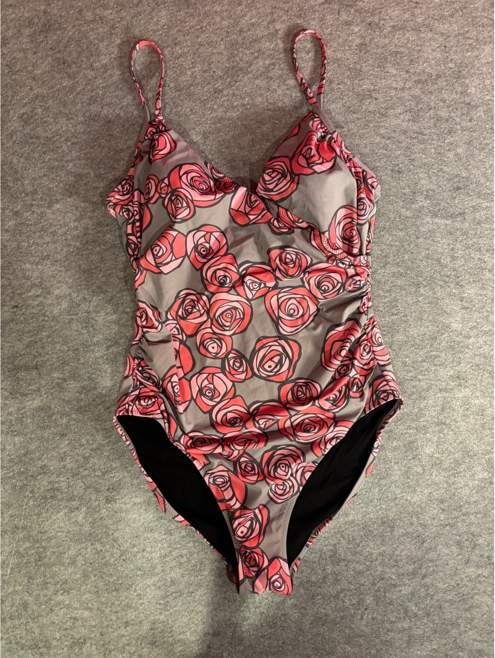 Garnet Hill Women's One-Piece Swimsuit with Pink and Red Rose Print, Size 14